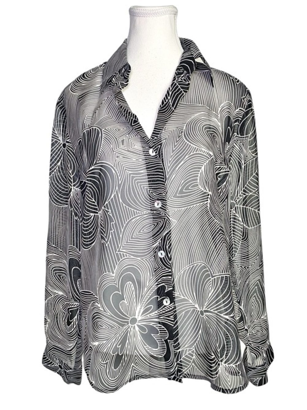 Impressions Vintage Black & White Sheer Abstract Floral Button Down Blouse